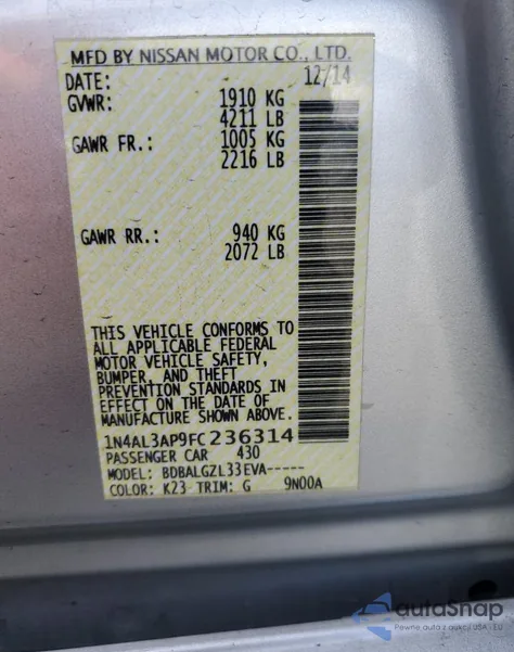 2015 Nissan Altima 2.5 из США, поврежденный, VIN 1N4AL3AP9FC236314